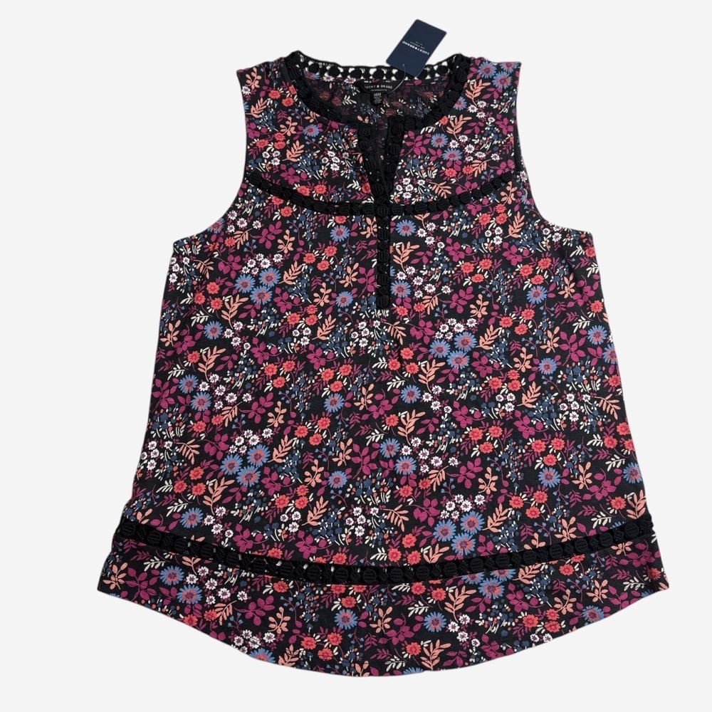 Lucky Brand Sleeveless Floral Top Size M Pullover Lace Accents Multicolor NEW - Picture 2 of 13